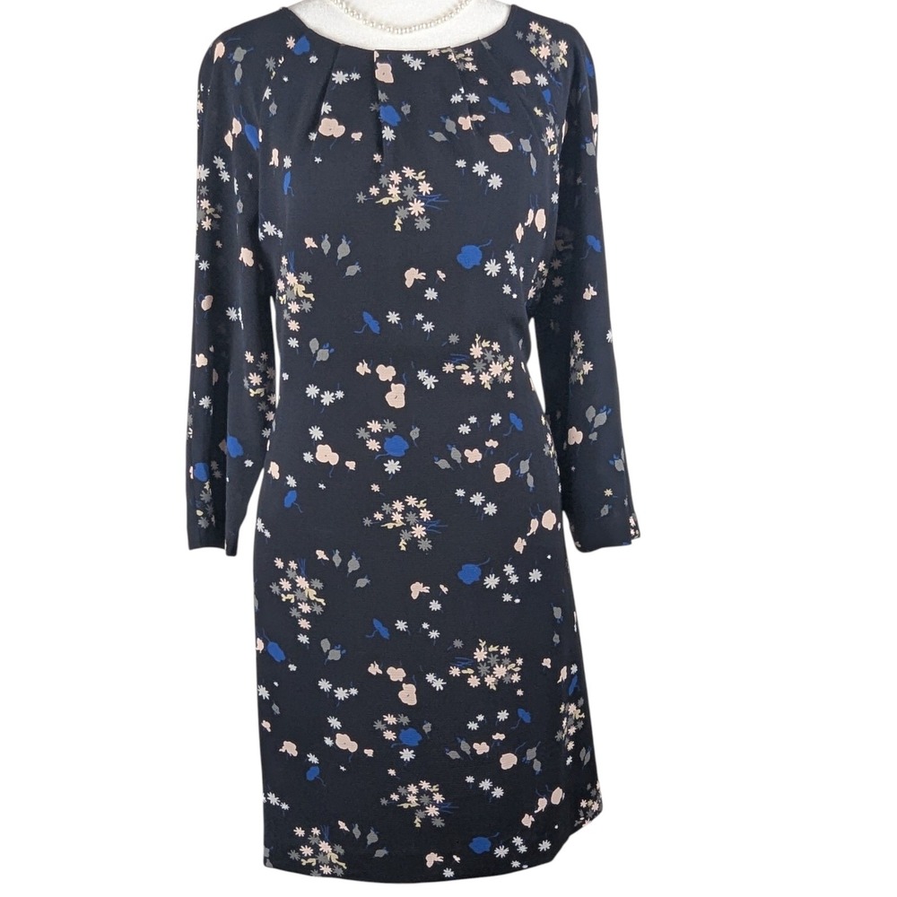 Ann Taylor Floral Dress Size Medium Navy Belted Shift Lightweight Elegant Career
